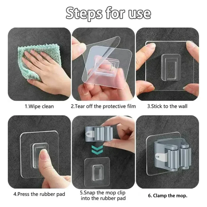 Self-Adhesive Mop Holder Broom Stand No-Drill Wall-Mounted Storage Rack Waterproof Organizer for Kitchen & Bathroom - Image 4