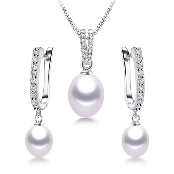 YWYC Horseshoe 8-9mm Rice Freshwater Pearl Earrings&Necklaces Jewelry Set for Women 925 Sterling Silver 45cm Pendant Necklace - Image 1