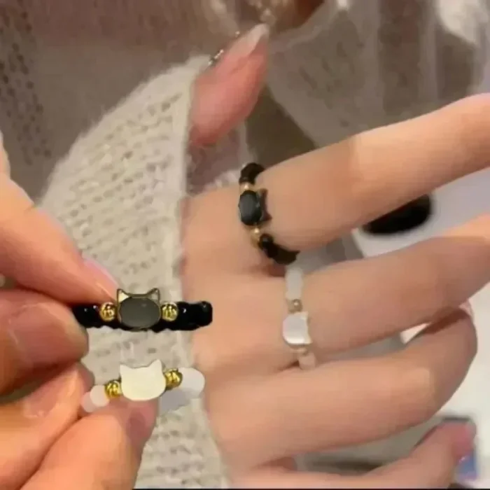 2pcs Natural Moonstone Obsidian Rings Beads Minimalist Ring Cute Black White Cat Ring Women Men Party Accessories Jewelry - Image 1