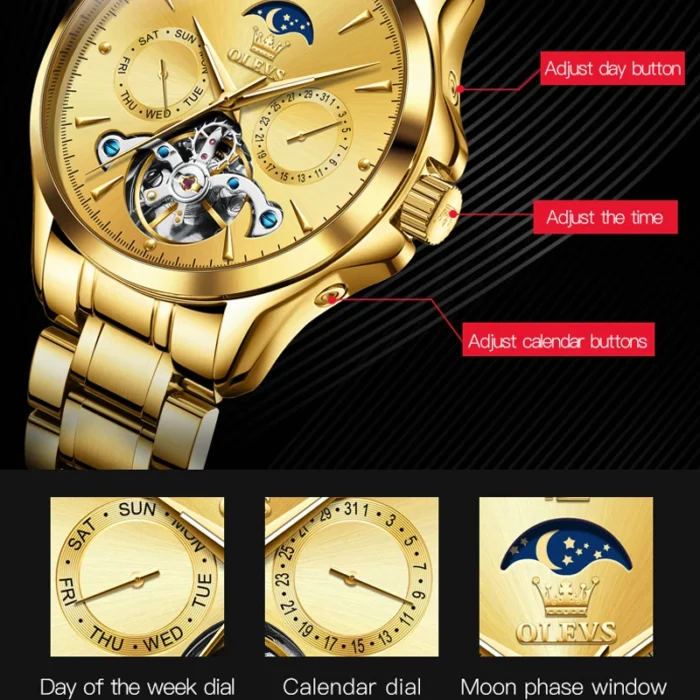 OLEVS Fashion Brand Gold Steel Tourbillon Watch Men Sports Business Waterproof Moon Phase Automatic Mechanical Watches Relogio - Image 6