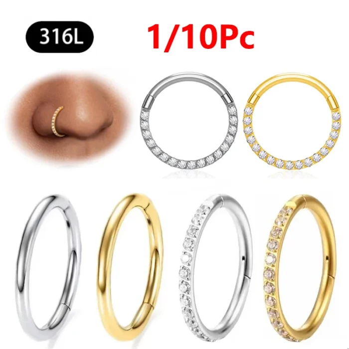 1/10Pc Stainless Steel Nose Ring CZ 16G Hinged Septum Clicker Segment Ear Tragus Cartilage Daith Lip Nose Body Piercing Jewelry - Image 1