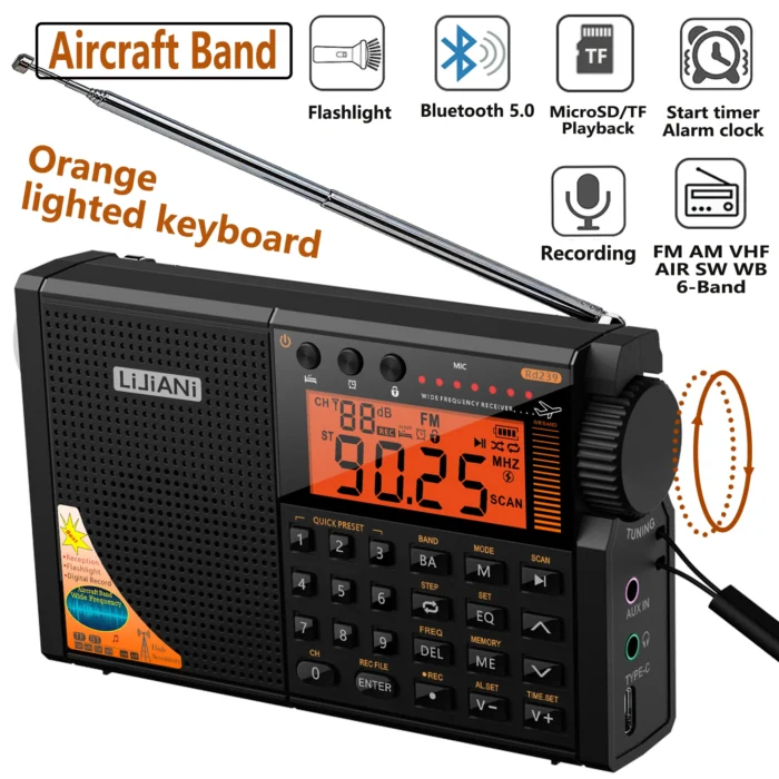 rd239 Aircraft Radio AIR/VHF/AM/FM/SW/Weather Bands Transistor with Bluetooth/TF Card/Flashlight,MP3 Player, Digital Record, - Image 1