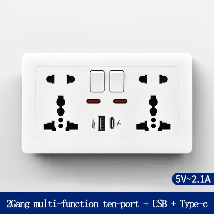146 Type 2 Gang Multi-Ten-Hole Socket With 2Port USB Type-c 10w Fast Charging Panel British standard double five-hole socket - Image 1
