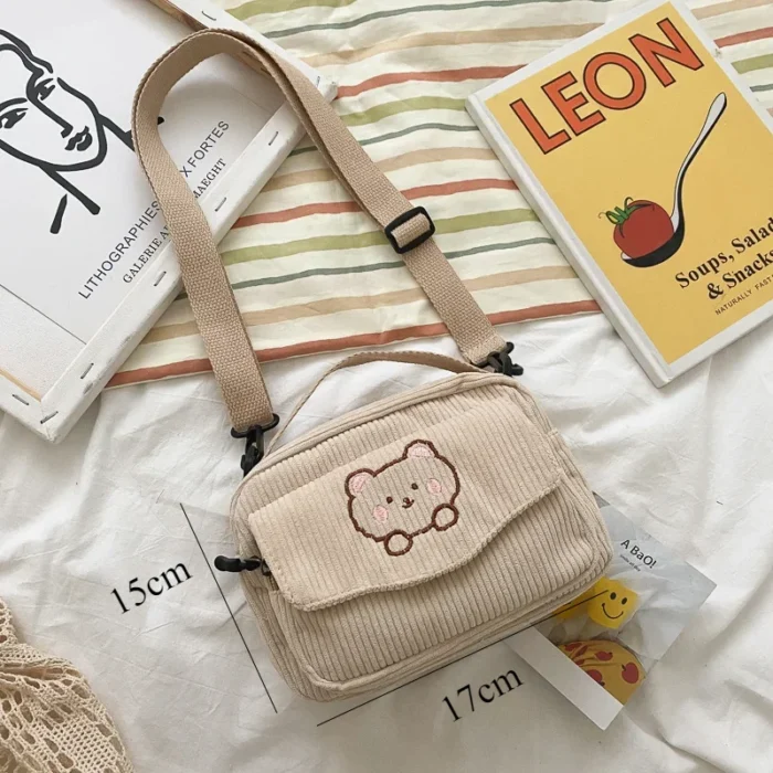 Hot Cute Teddy Bear Embroidered Diagonal Shoulder Bag Corduroy Leisure Bag Women's Crossbody Bag Travel Purses and Daily Handbag - Image 4