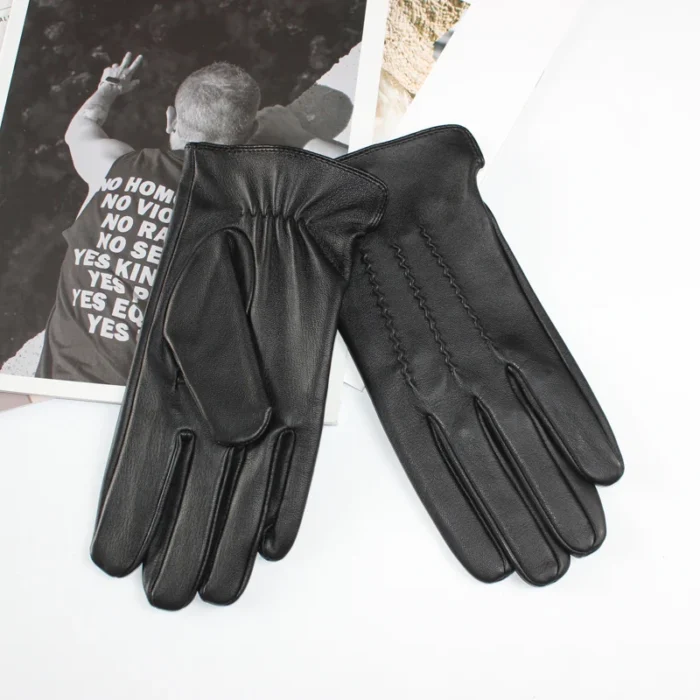 Men's Sheepskin Driving Gloves Solid Color Thin Single Leather Unlined Touch Screen Fashion Ripple Riding Motorcycle Gloves - Image 3