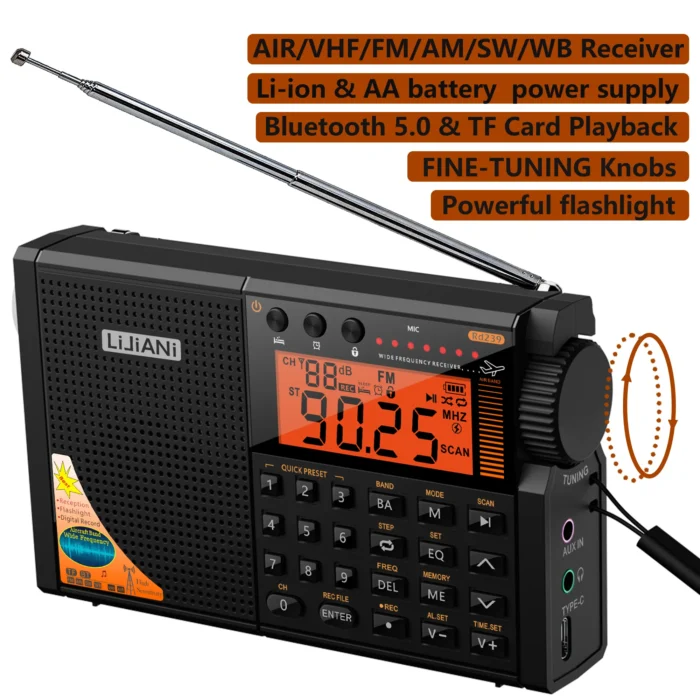 rd239 Aircraft Radio AIR/VHF/AM/FM/SW/Weather Bands Transistor with Bluetooth/TF Card/Flashlight,MP3 Player, Digital Record, - Image 6