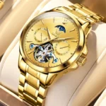 OLEVS Fashion Brand Gold Steel Tourbillon Watch Men Sports Business Waterproof Moon Phase Automatic Mechanical Watches Relogio