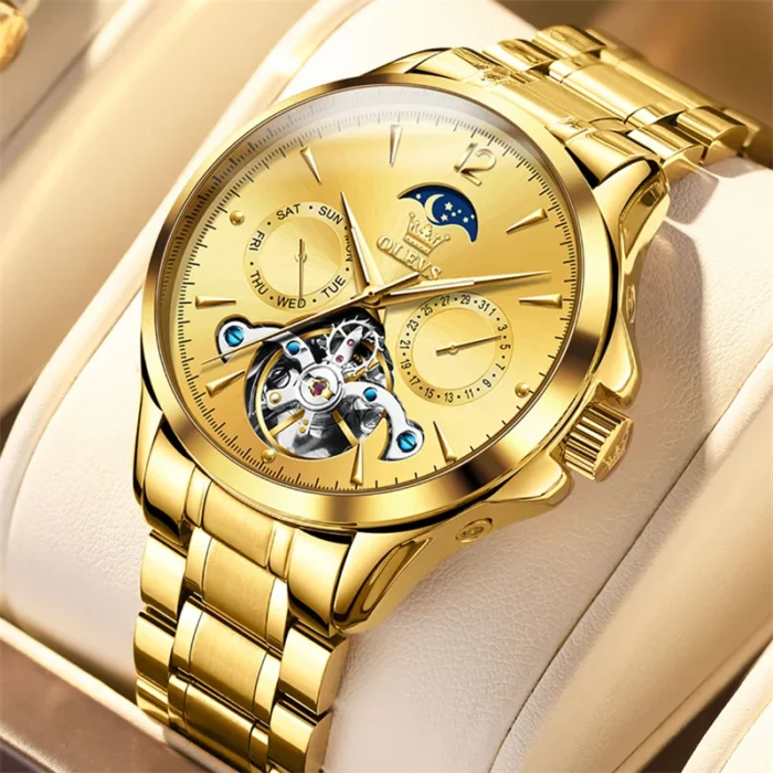 OLEVS Fashion Brand Gold Steel Tourbillon Watch Men Sports Business Waterproof Moon Phase Automatic Mechanical Watches Relogio - Image 1