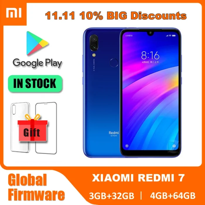 Original Xiaomi Redmi 7 Mobile Phones 4GB 64GB Global Version Google Play Android Cell Phone Fingerprint Free Gift - Image 1