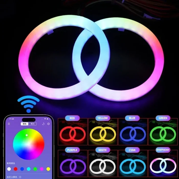 2PCS RGB Cotton LED Angel Eyes Halo Rings 60mm 70mm 80mm LED Headlight Lamps For Car UTV Motorcycle DRL Eyes APP Control - Image 1