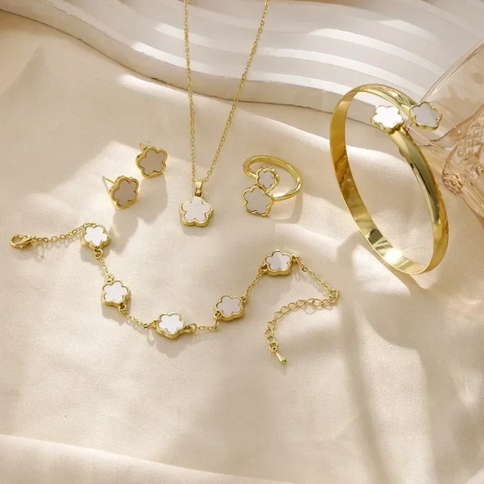 5pcs/set Luxury Quality Jewelry Sets Plum Blossom Plant Five Leaf Flower Women's Earrings Rings Bracelet Necklace Bangles Gift - Image 1
