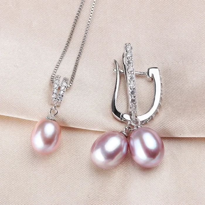 YWYC Horseshoe 8-9mm Rice Freshwater Pearl Earrings&Necklaces Jewelry Set for Women 925 Sterling Silver 45cm Pendant Necklace - Image 5