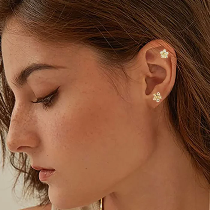 1 pair of everyday everything sweet earrings, double shiny zircon flower earrings for women and girls - Image 4