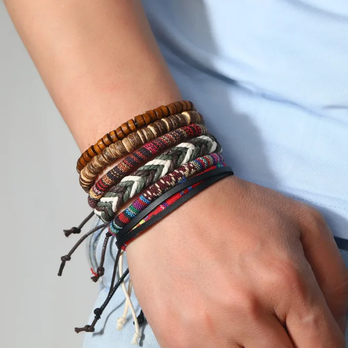 Bohemian Leather Bracelet Men Hand-woven Bracelet Men's Wooden Bead Bracelet Bracelet for Men Charm Bracelet Mens Jewellery - Image 1