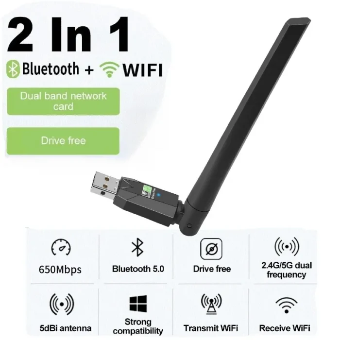 600Mbps USB WiFi Bluetooth Adapter 2in1 Network Card Dual Band 2.4G 5GHz Wi-Fi Antenna Mini Wireless Receiver PC Accessories - Image 2