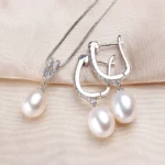 YWYC Horseshoe 8-9mm Rice Freshwater Pearl Earrings&Necklaces Jewelry Set for Women 925 Sterling Silver 45cm Pendant Necklace - Image 3
