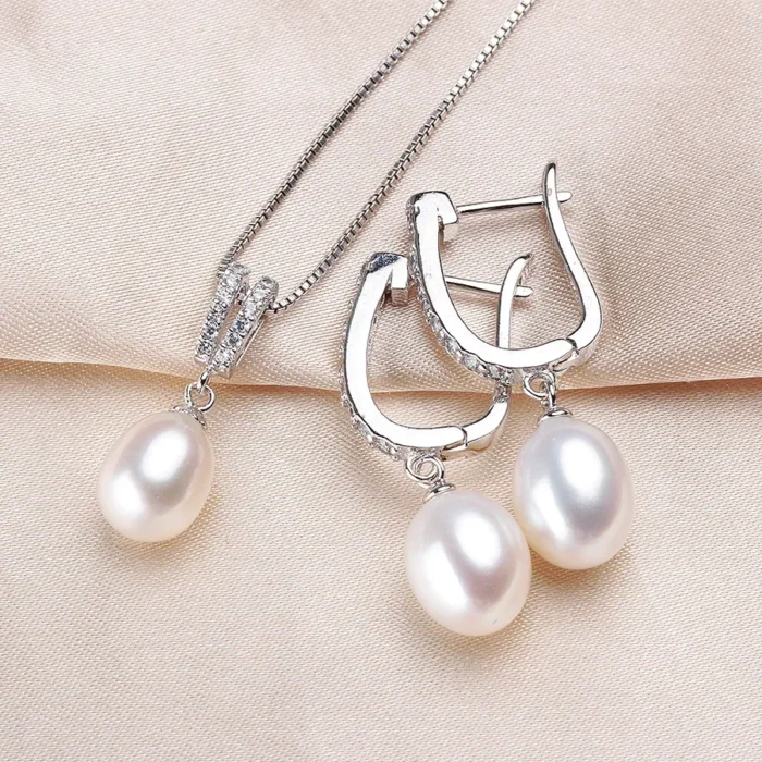 YWYC Horseshoe 8-9mm Rice Freshwater Pearl Earrings&Necklaces Jewelry Set for Women 925 Sterling Silver 45cm Pendant Necklace - Image 3