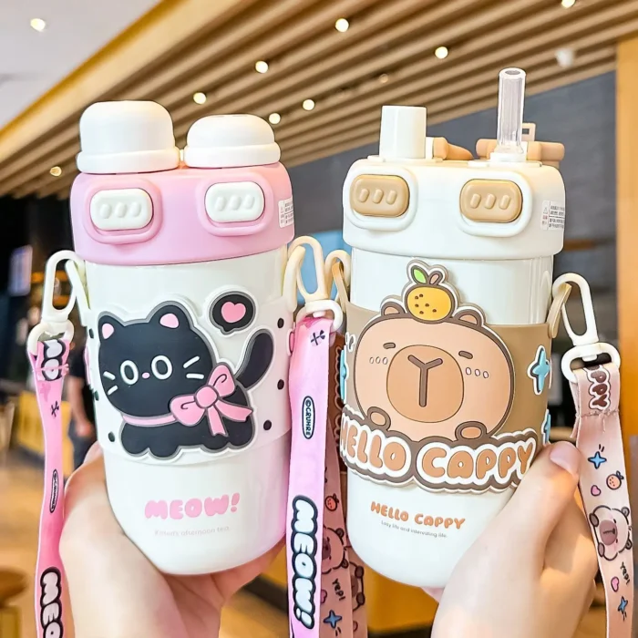Capybara Double Drink Stainless Steel Tumblers Coffee Mug Kids Thermos Mug Portable Outdoor Flask Water Bottle With Straw - Image 3