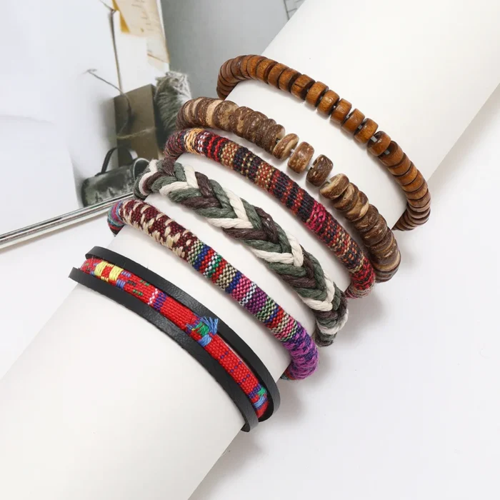 Bohemian Leather Bracelet Men Hand-woven Bracelet Men's Wooden Bead Bracelet Bracelet for Men Charm Bracelet Mens Jewellery - Image 4