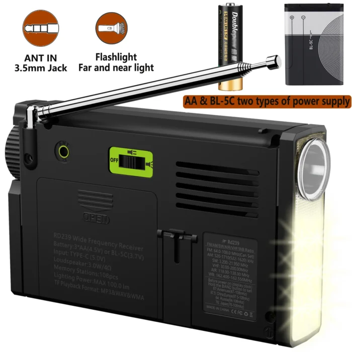 rd239 Aircraft Radio AIR/VHF/AM/FM/SW/Weather Bands Transistor with Bluetooth/TF Card/Flashlight,MP3 Player, Digital Record, - Image 4
