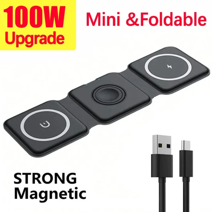 100W 3 in 1 foldable Wireless Charger Pad Stand for iPhone 15 14 13 16Pro Max Airpods iWatch Fast Wireless Charging Dock Station - Image 1
