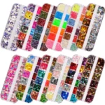 12pcs Nail Glitter Flakes Mixed Sizes 3D Sequins Paillette Powder Charm for Nail Art Decoration Manicure Tools