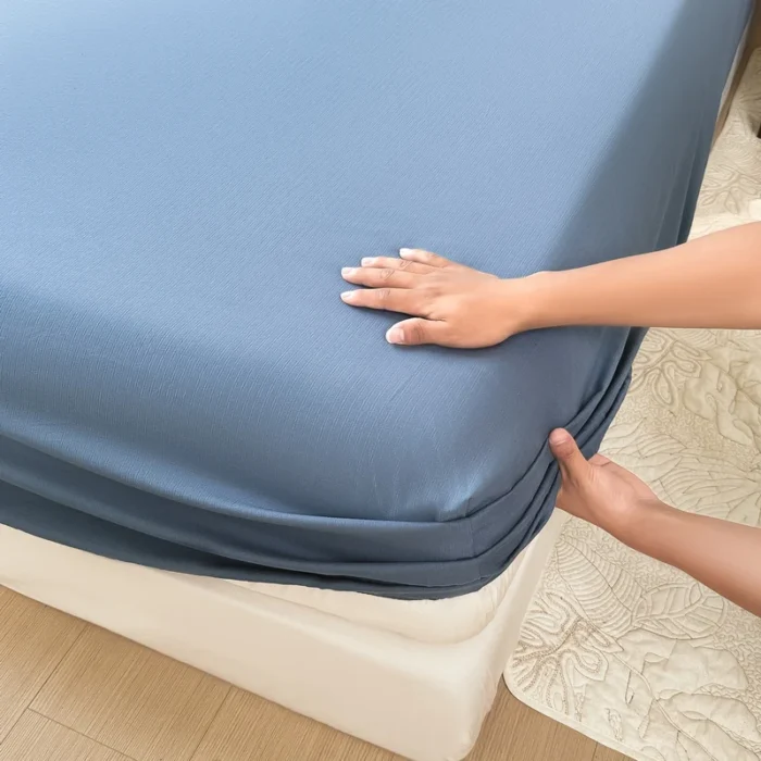 Washed Cotton Bed Sheet Fitted Sheet with Pillowcase Elastic Bands Non Slip Adjustable Mattress Cover for Double King Queen Bed - Image 2