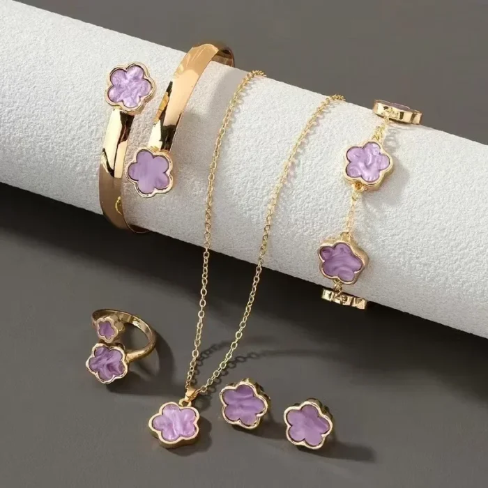 5pcs/set Luxury Quality Jewelry Sets Plum Blossom Plant Five Leaf Flower Women's Earrings Rings Bracelet Necklace Bangles Gift - Image 4