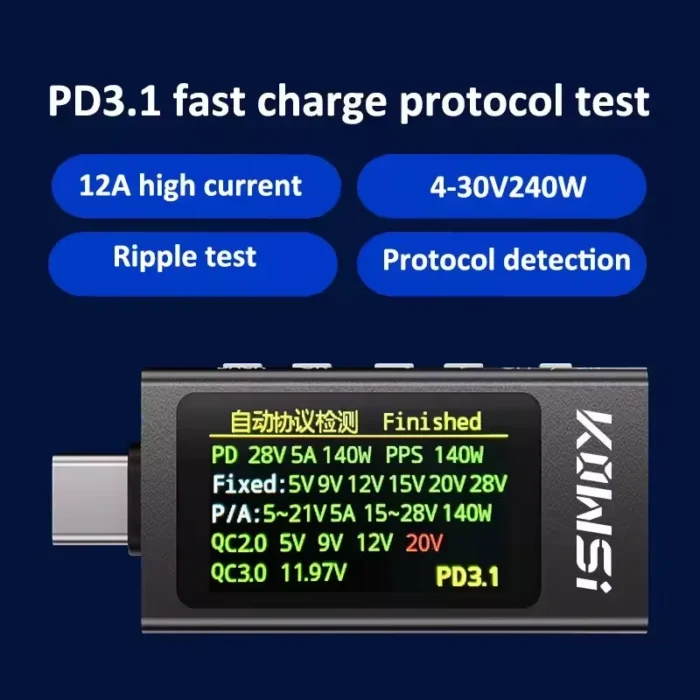 KWS-X1 4V-30V 12A Type C Tester Voltmeter Ammeter TYPE-C Fast Charge Detection Trigger Capacity Measurement Ripple Measurement - Image 4