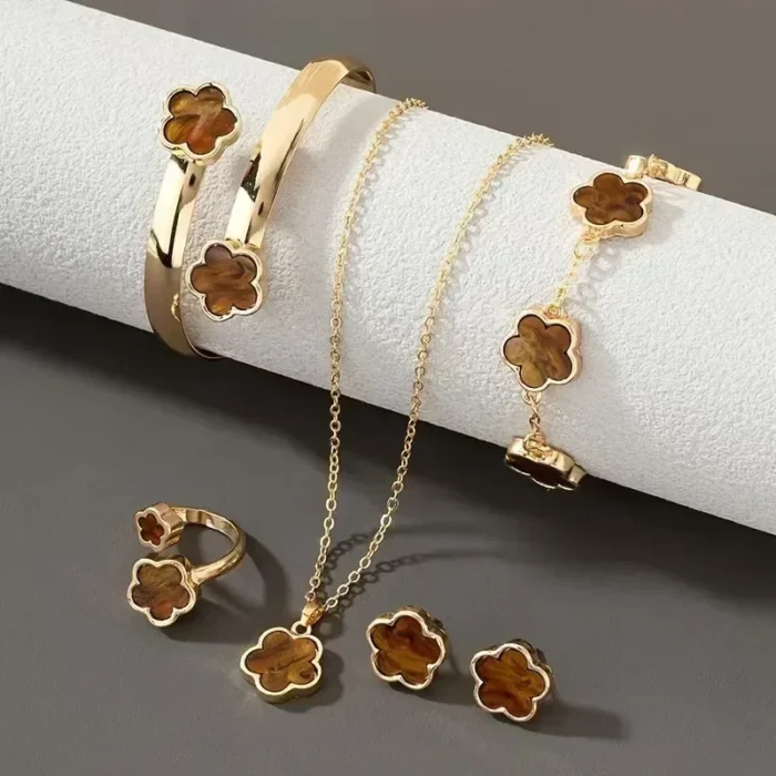5pcs/set Luxury Quality Jewelry Sets Plum Blossom Plant Five Leaf Flower Women's Earrings Rings Bracelet Necklace Bangles Gift - Image 3