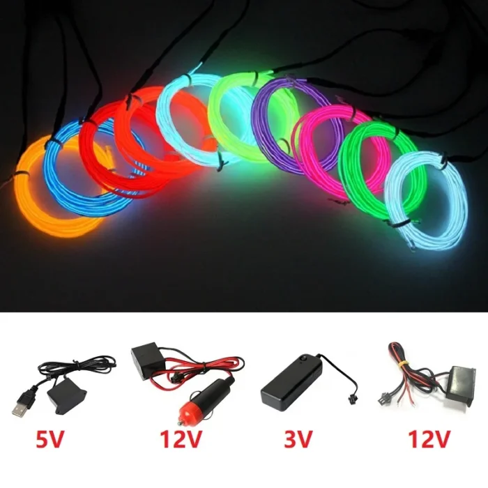 10m/5m/3m/1m 3V Battery 5V USB 12V Neon Glow EL Wire Rope with Adapter Flexible LED Strip for Car Party Dance Atmosphere Decor - Image 1