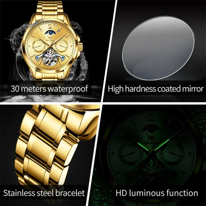 OLEVS Fashion Brand Gold Steel Tourbillon Watch Men Sports Business Waterproof Moon Phase Automatic Mechanical Watches Relogio - Image 5
