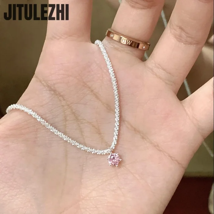 Trendy 925 Sterling Silver Pendant Necklace For Women Single Pendant Inlaid Pink Stone Engagement Wedding Party Silver Jewelry - Image 2