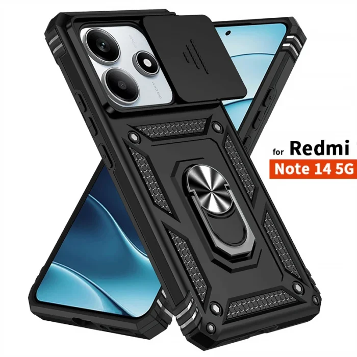 Capa For Xiaomi Redmi Note 14 5G Case Armor Slide Camera Lens Protector Back Cover for Redmy Note14 Shockproof Ring Stand Funda - Image 1