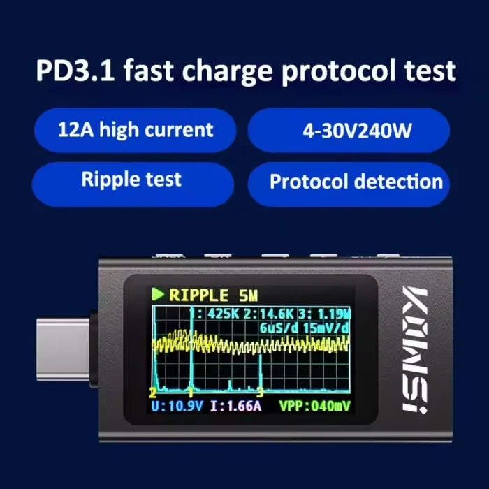 KWS-X1 4V-30V 12A Type C Tester Voltmeter Ammeter TYPE-C Fast Charge Detection Trigger Capacity Measurement Ripple Measurement - Image 3