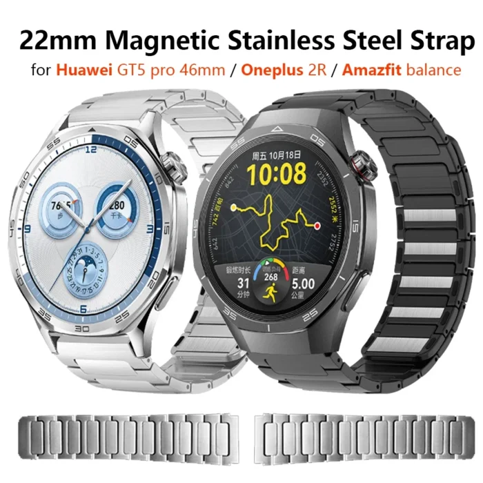 Magnetic Stainless Steel Strap for Huawei Watch 4 Pro GT5 Pro 46mm Smart Watch 22mm Band for Oneplus 2R Amazfit Balance T-rex 3 - Image 1