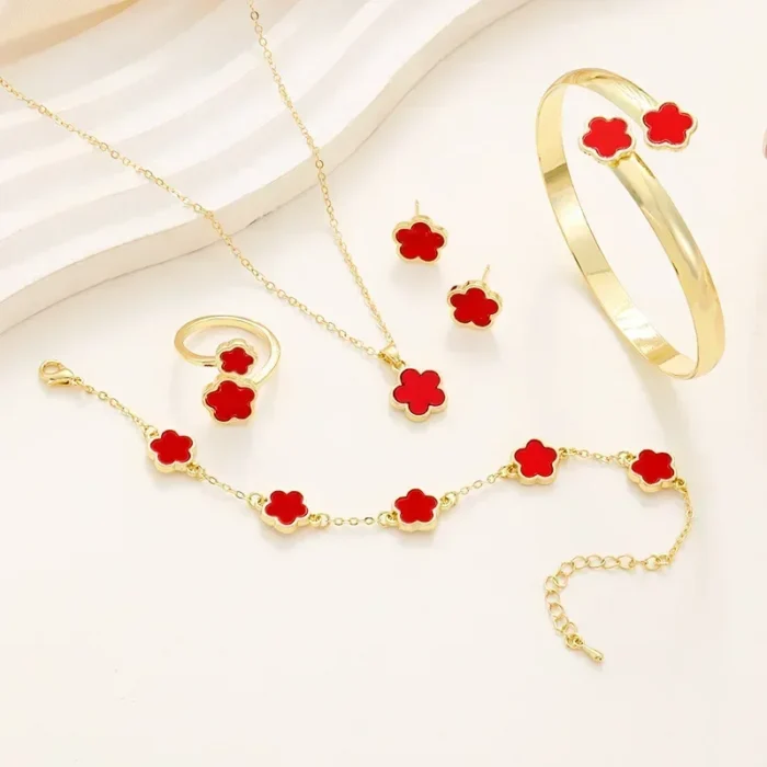 5pcs/set Luxury Quality Jewelry Sets Plum Blossom Plant Five Leaf Flower Women's Earrings Rings Bracelet Necklace Bangles Gift - Image 5