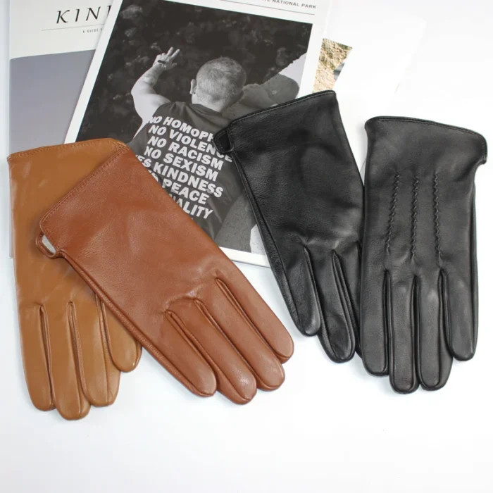 Men's Sheepskin Driving Gloves Solid Color Thin Single Leather Unlined Touch Screen Fashion Ripple Riding Motorcycle Gloves - Image 2