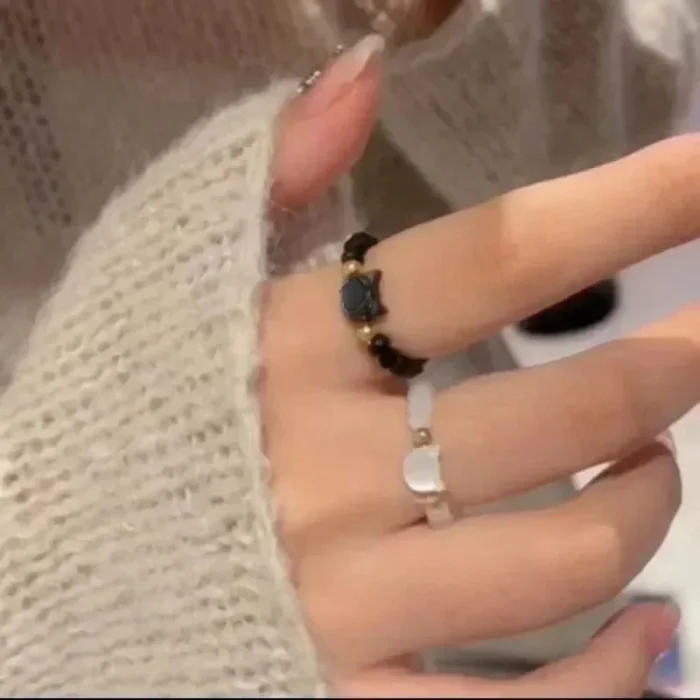 2pcs Natural Moonstone Obsidian Rings Beads Minimalist Ring Cute Black White Cat Ring Women Men Party Accessories Jewelry - Image 2
