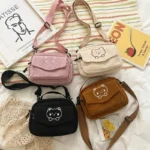 Hot Cute Teddy Bear Embroidered Diagonal Shoulder Bag Corduroy Leisure Bag Women's Crossbody Bag Travel Purses and Daily Handbag