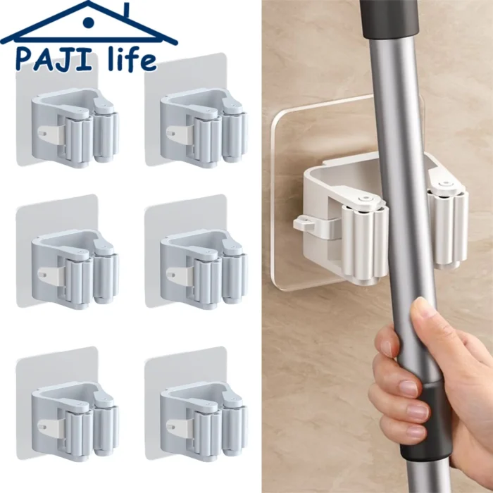 Self-Adhesive Mop Holder Broom Stand No-Drill Wall-Mounted Storage Rack Waterproof Organizer for Kitchen & Bathroom - Image 1