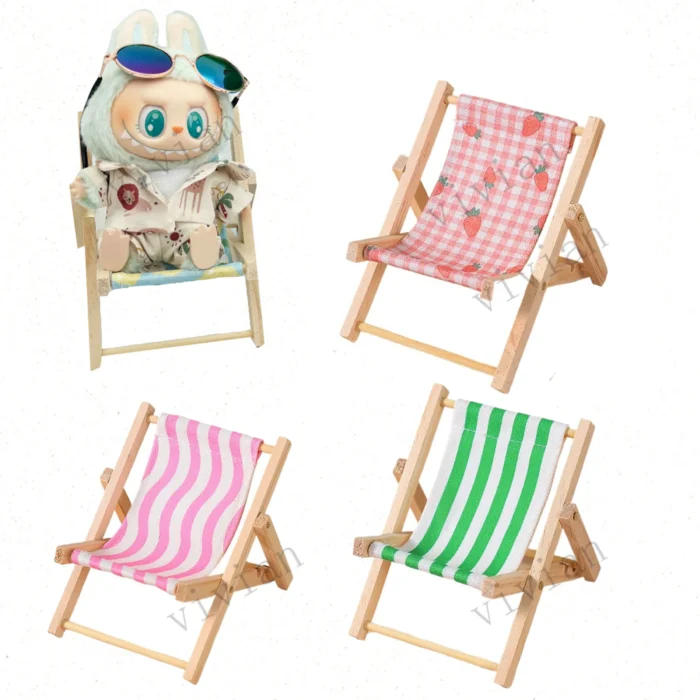 Doll'S Chair Outfit Accessories For Ropa Labubu 10cm cotton doll Summer vacation Wooden beach reclining camping chair ornament - Image 1