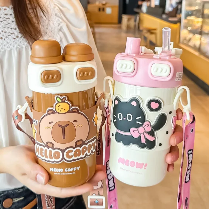 Capybara Double Drink Stainless Steel Tumblers Coffee Mug Kids Thermos Mug Portable Outdoor Flask Water Bottle With Straw - Image 2