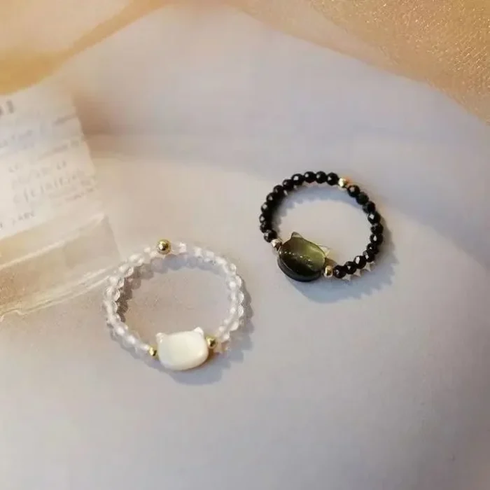 2pcs Natural Moonstone Obsidian Rings Beads Minimalist Ring Cute Black White Cat Ring Women Men Party Accessories Jewelry - Image 5