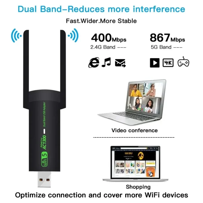 USB 3.0 WiFi Adapter 1300Mbps Network Card Dual Band 2.4G/5GHz Bluetooth 4.2 Wireless Receiver Transmitter For Desktop Laptop PC - Image 2