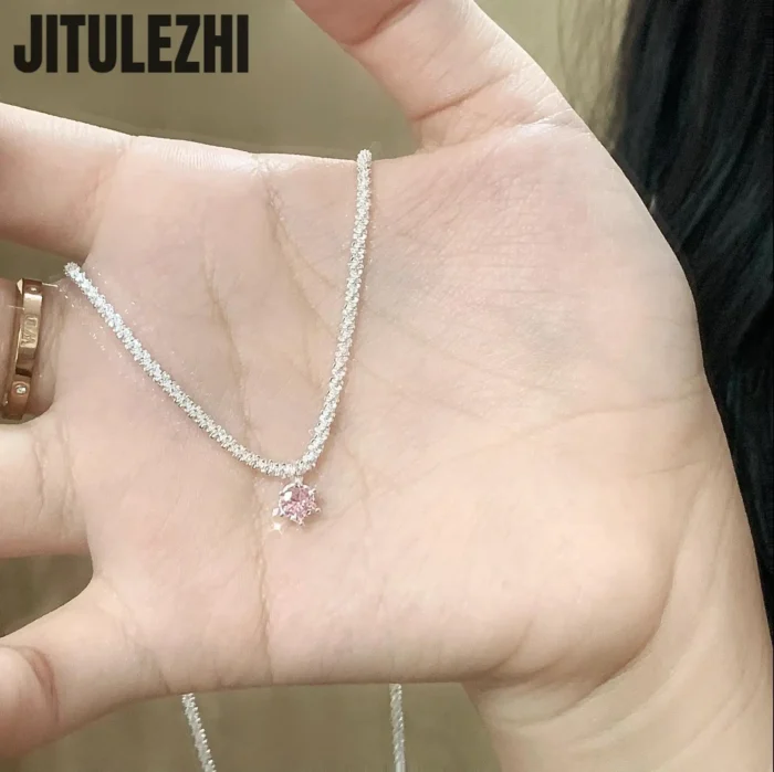 Trendy 925 Sterling Silver Pendant Necklace For Women Single Pendant Inlaid Pink Stone Engagement Wedding Party Silver Jewelry - Image 1