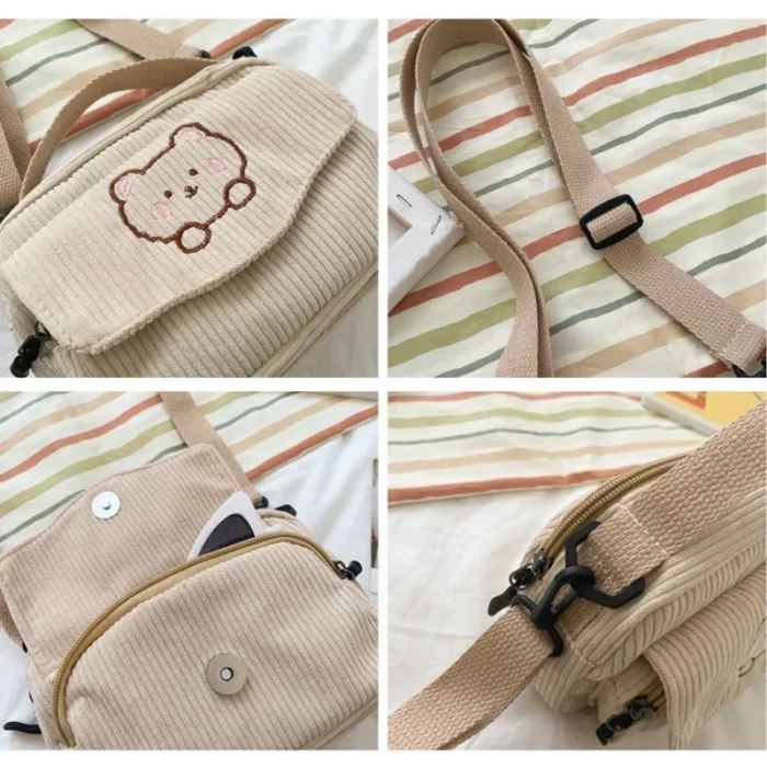 Hot Cute Teddy Bear Embroidered Diagonal Shoulder Bag Corduroy Leisure Bag Women's Crossbody Bag Travel Purses and Daily Handbag - Image 5