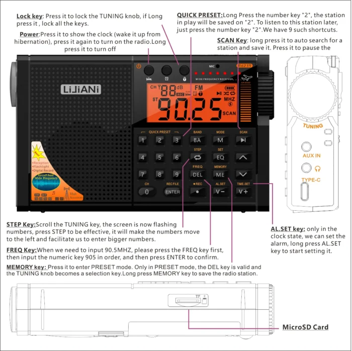 rd239 Aircraft Radio AIR/VHF/AM/FM/SW/Weather Bands Transistor with Bluetooth/TF Card/Flashlight,MP3 Player, Digital Record, - Image 3