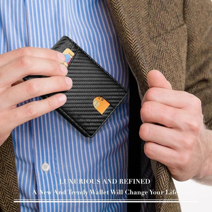 Men's Wallet Ultra Thin Rfid Leather with ID Window Multi Card Carbon Fiber Wallet - Image 6