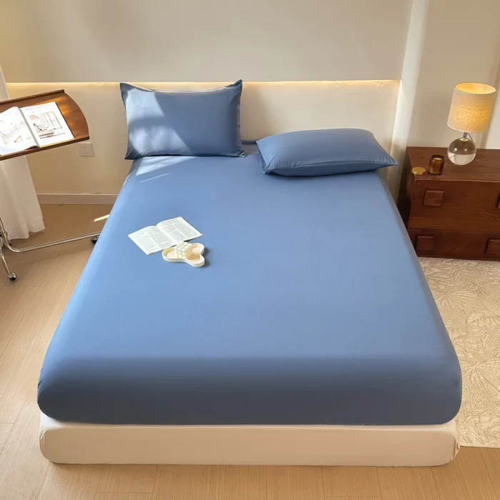Washed Cotton Bed Sheet Fitted Sheet with Pillowcase Elastic Bands Non Slip Adjustable Mattress Cover for Double King Queen Bed - Image 3